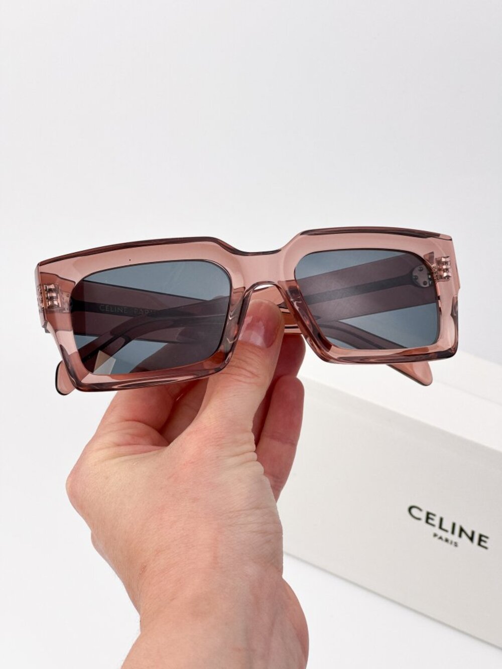 Celine CL40280U 74V “3 Dots” Rectangle Sunglasses – Dusty Pink Crystal / Blue